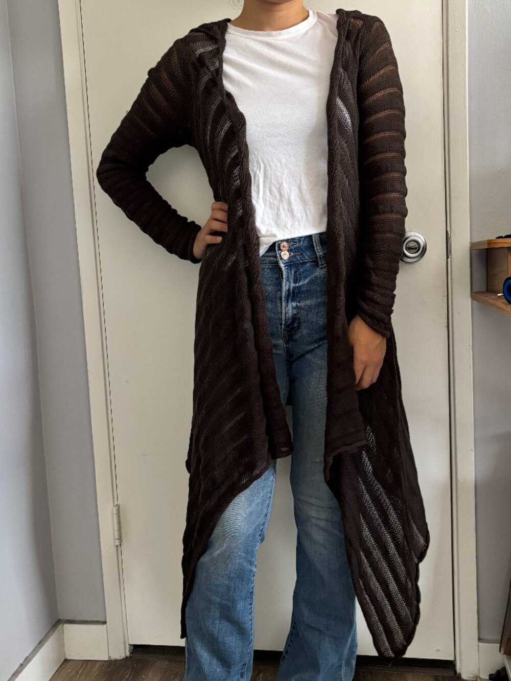 Deep Brown Hand Loomed Open Knit Made in Peru Longline Hooded Cardigan